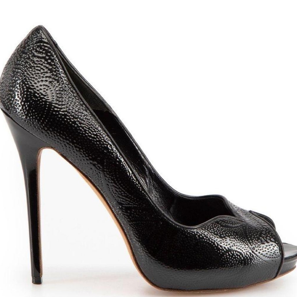 Alexander McQueen Peep Toe Black Patent Embossed Heel Pumps Size 10 US HOTT!